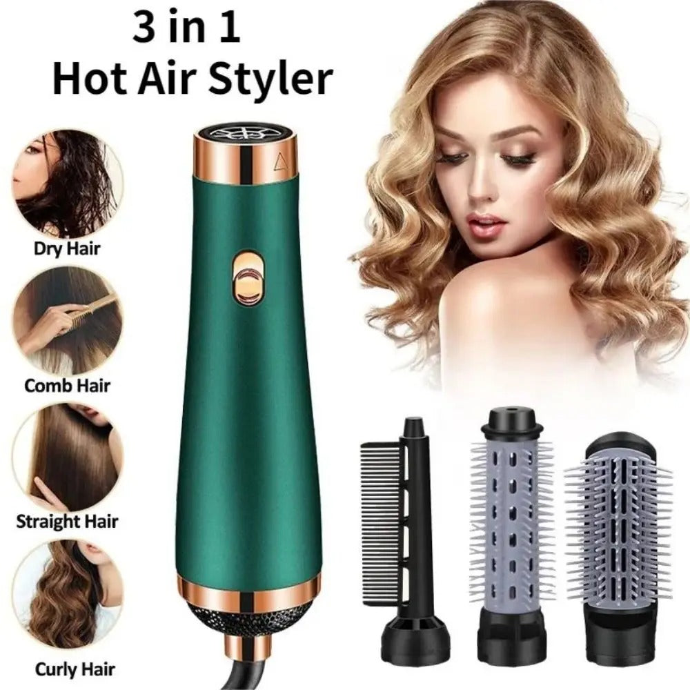 3-in-1 hot air styling tool with attachments and a woman with styled hair.