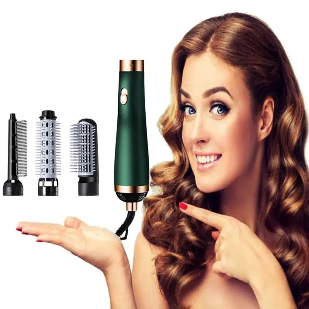 Woman with styled hair pointing to a green hair styling tool with attachments on a white background