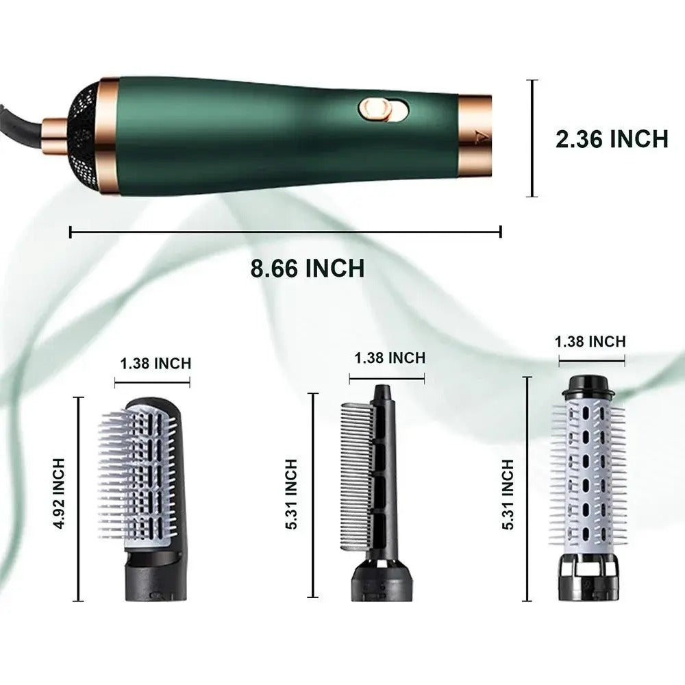 Green hair dryer with measurement details on a white background