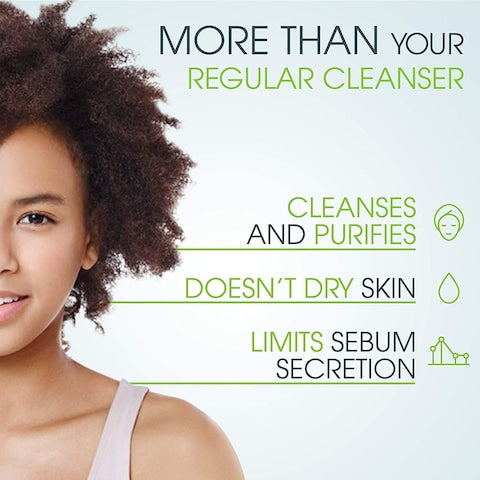 Advertisement for a skin cleanser with a woman's face and text highlighting product benefits.