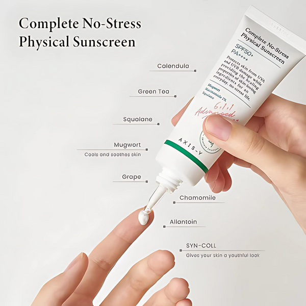 Tube of 'Complete No-Stress Physical Sunscreen' with ingredients listed on a white background