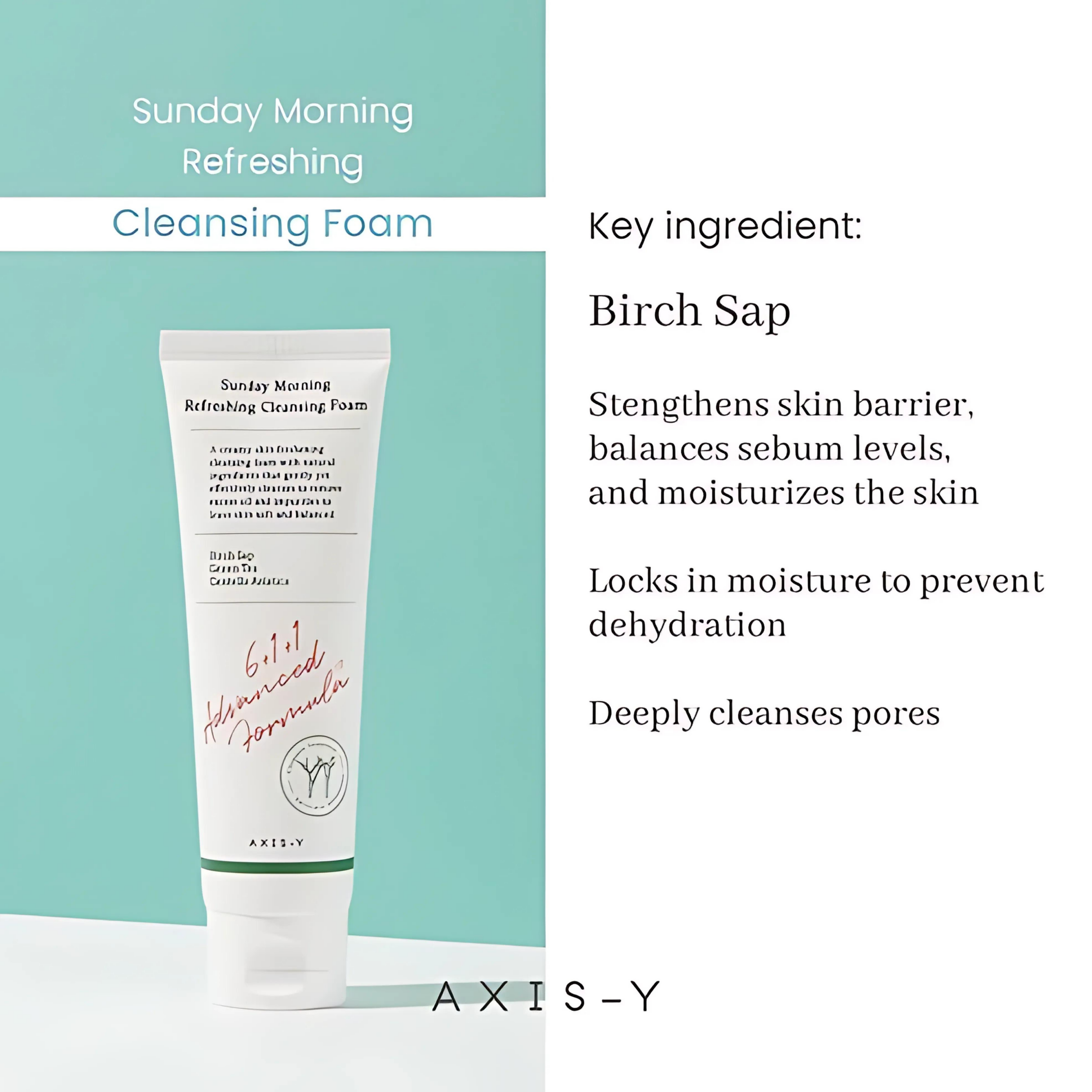 AXIS-Y Sunday Morning Refreshing Cleansing Foam with product details on a teal background