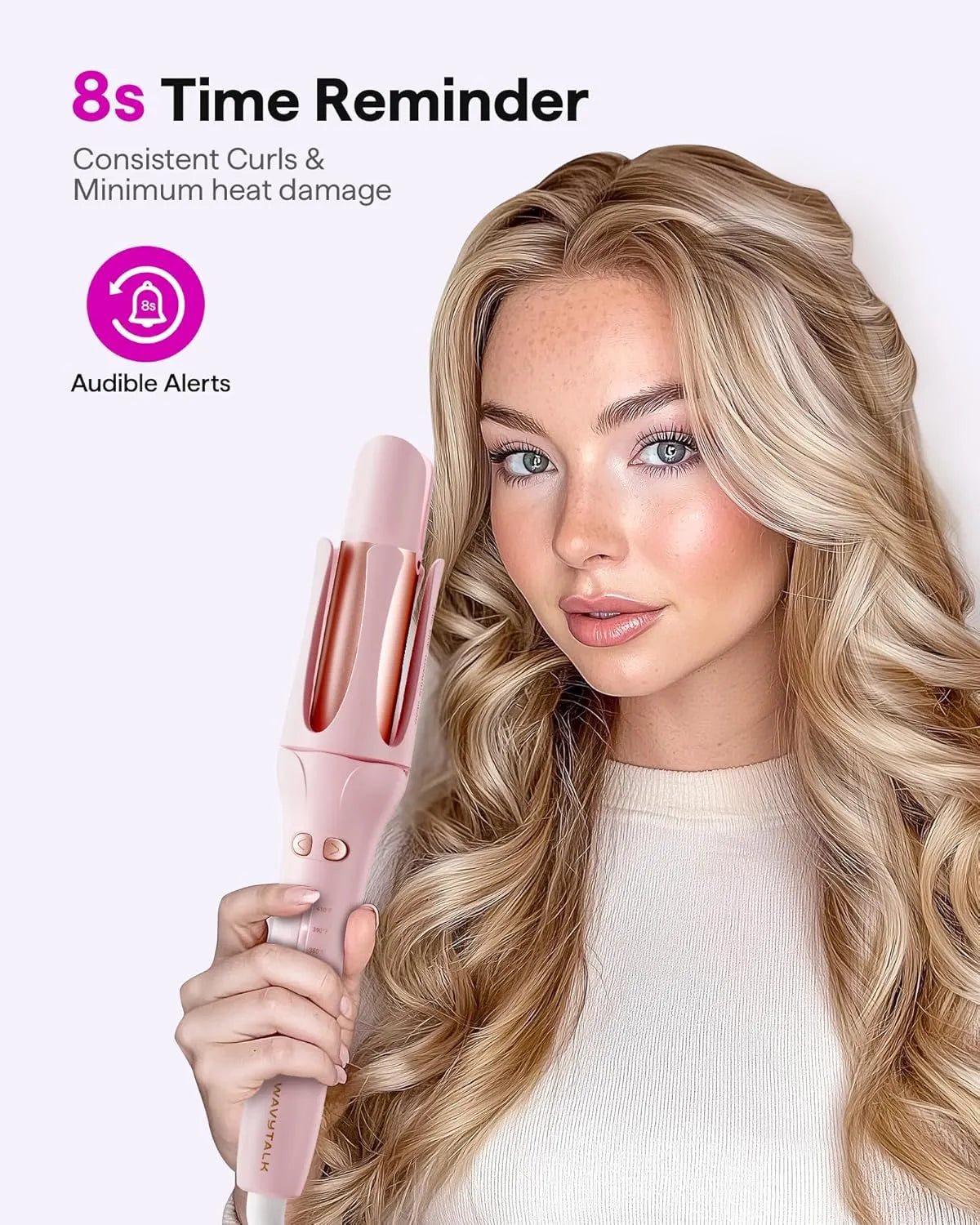 Woman with styled hair holding a pink hair straightener with text about time reminder and audible alerts.