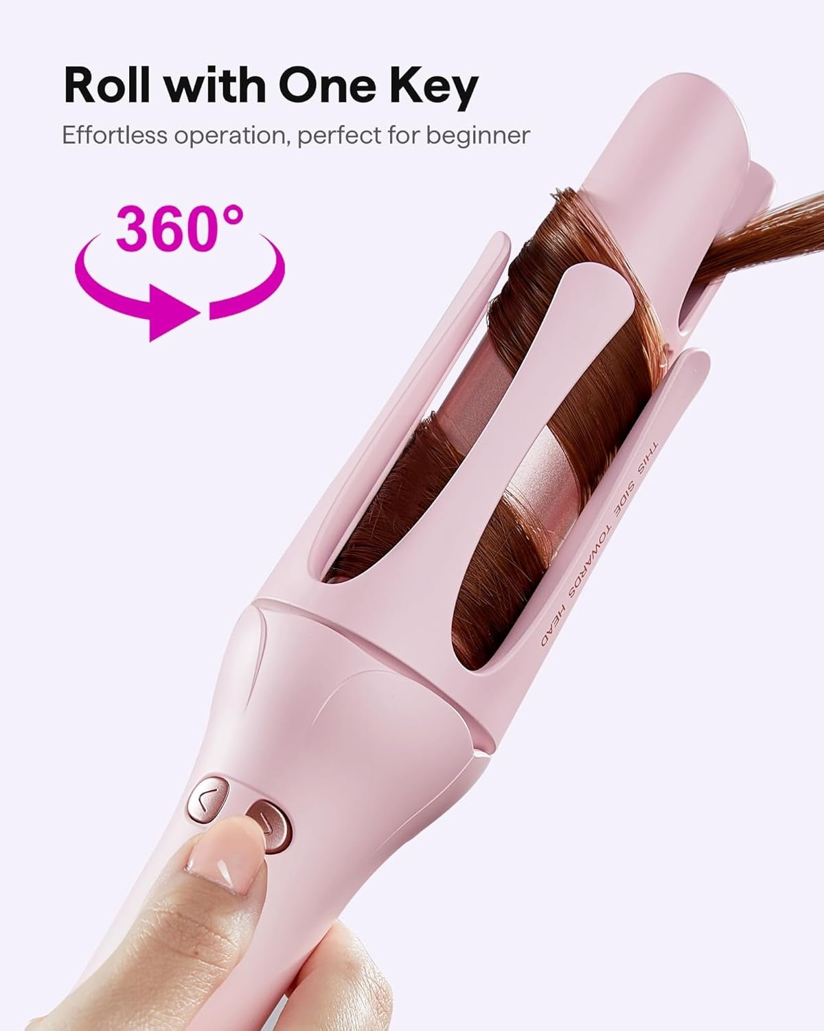 Pink hair styling tool with a 360-degree feature, used to curl hair.