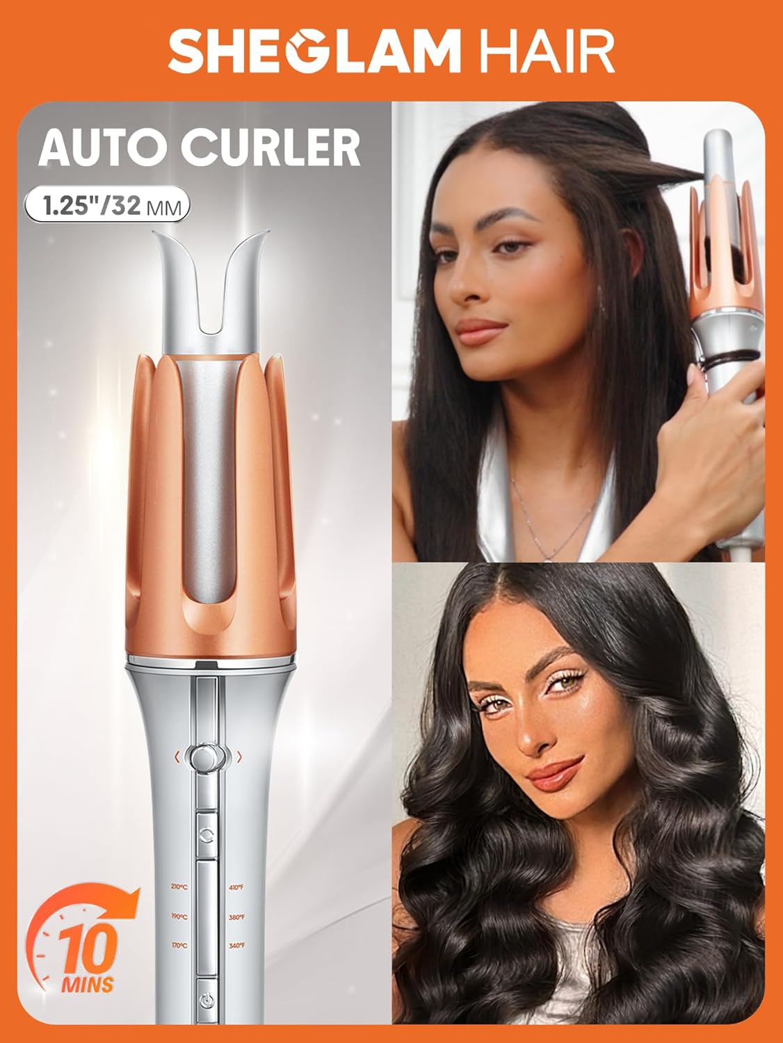 Sheglam hair auto curler with a woman using it and the resulting styled hair on an orange background.