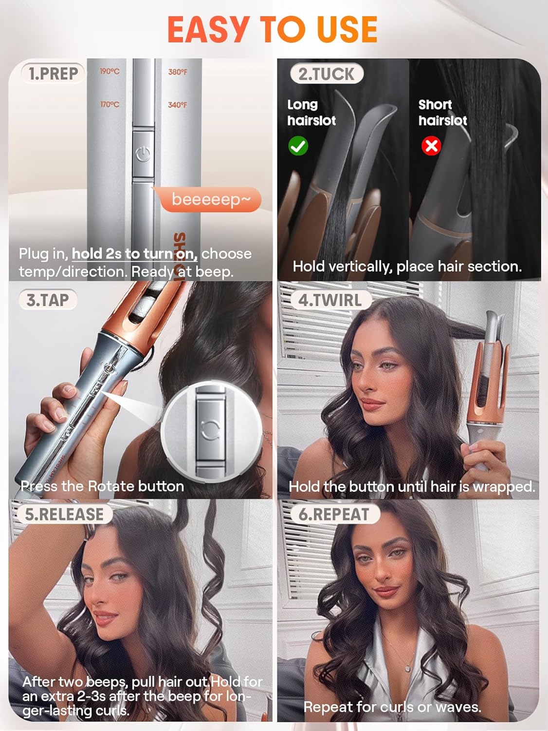Curling iron tool with step-by-step instructions on how to use it.