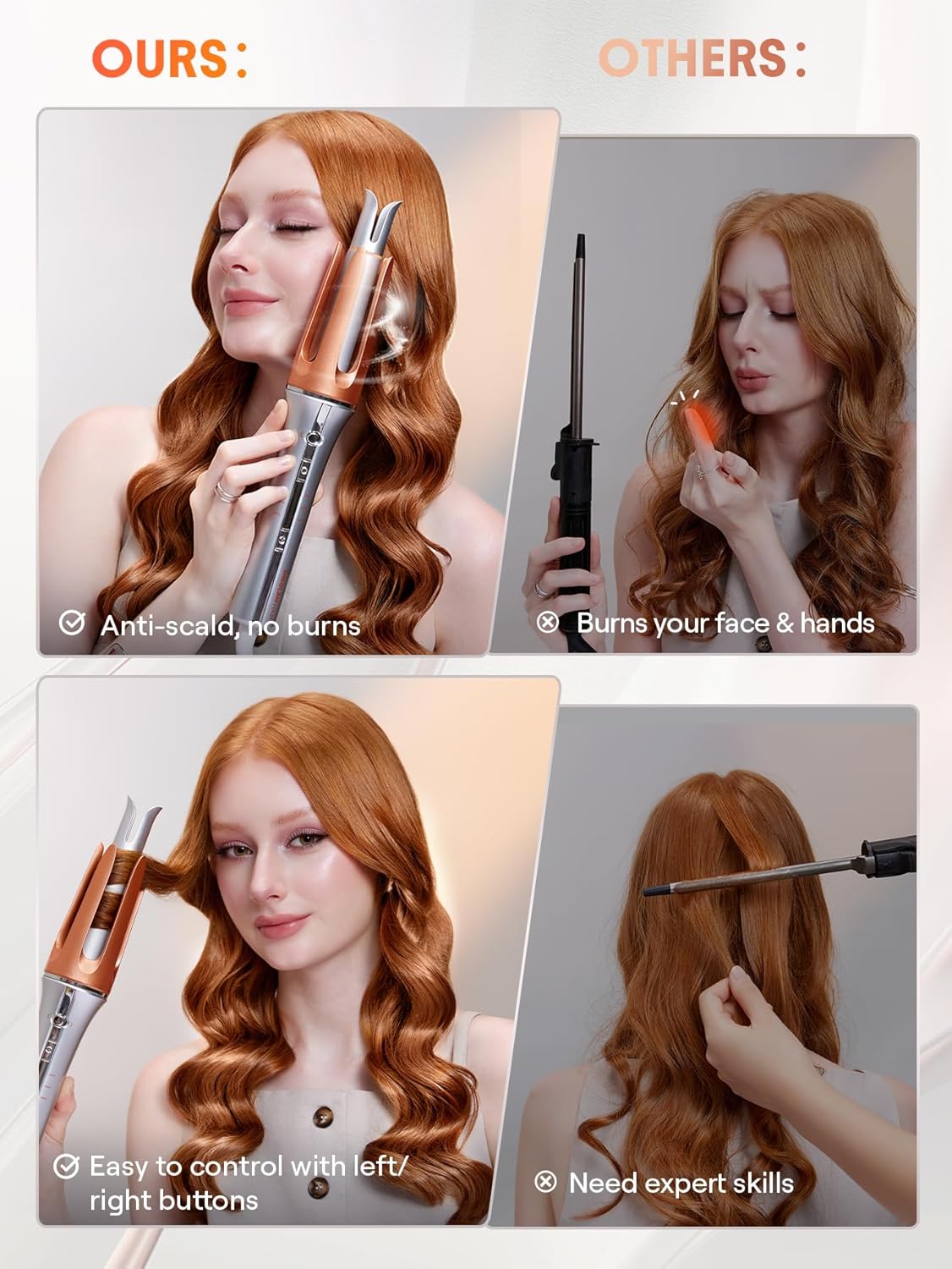Comparison of a hair styling tool with 'Ours' and 'Others' on a white background.