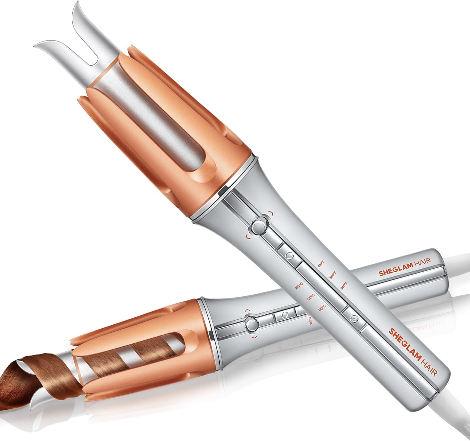 Hair straightening tools with copper and silver design on a white background
