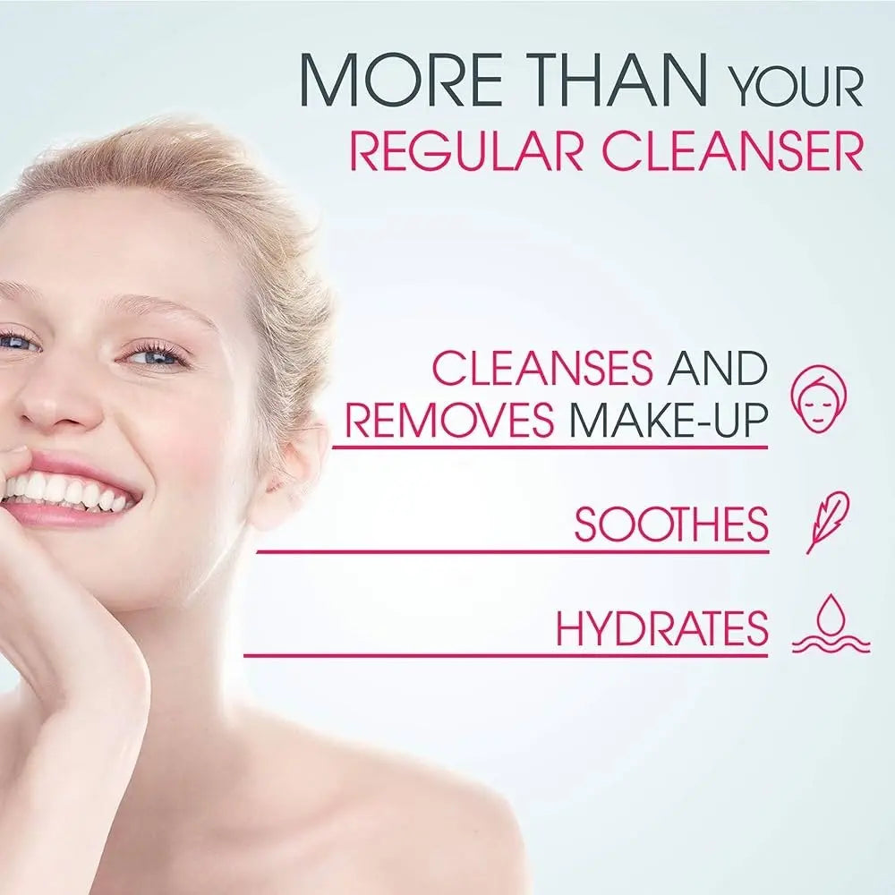 Advertisement for a facial cleanser with a woman's face and text highlighting product benefits.