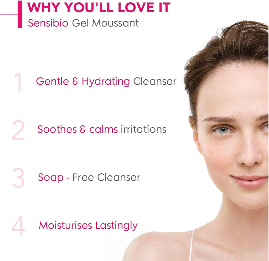 Promotional image of a woman's face with text highlighting the benefits of Sensibio Gel Moussant.