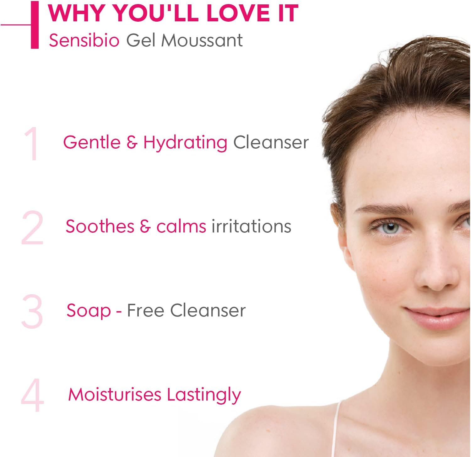 Promotional image of a woman's face with text highlighting the benefits of Sensibio Gel Moussant.