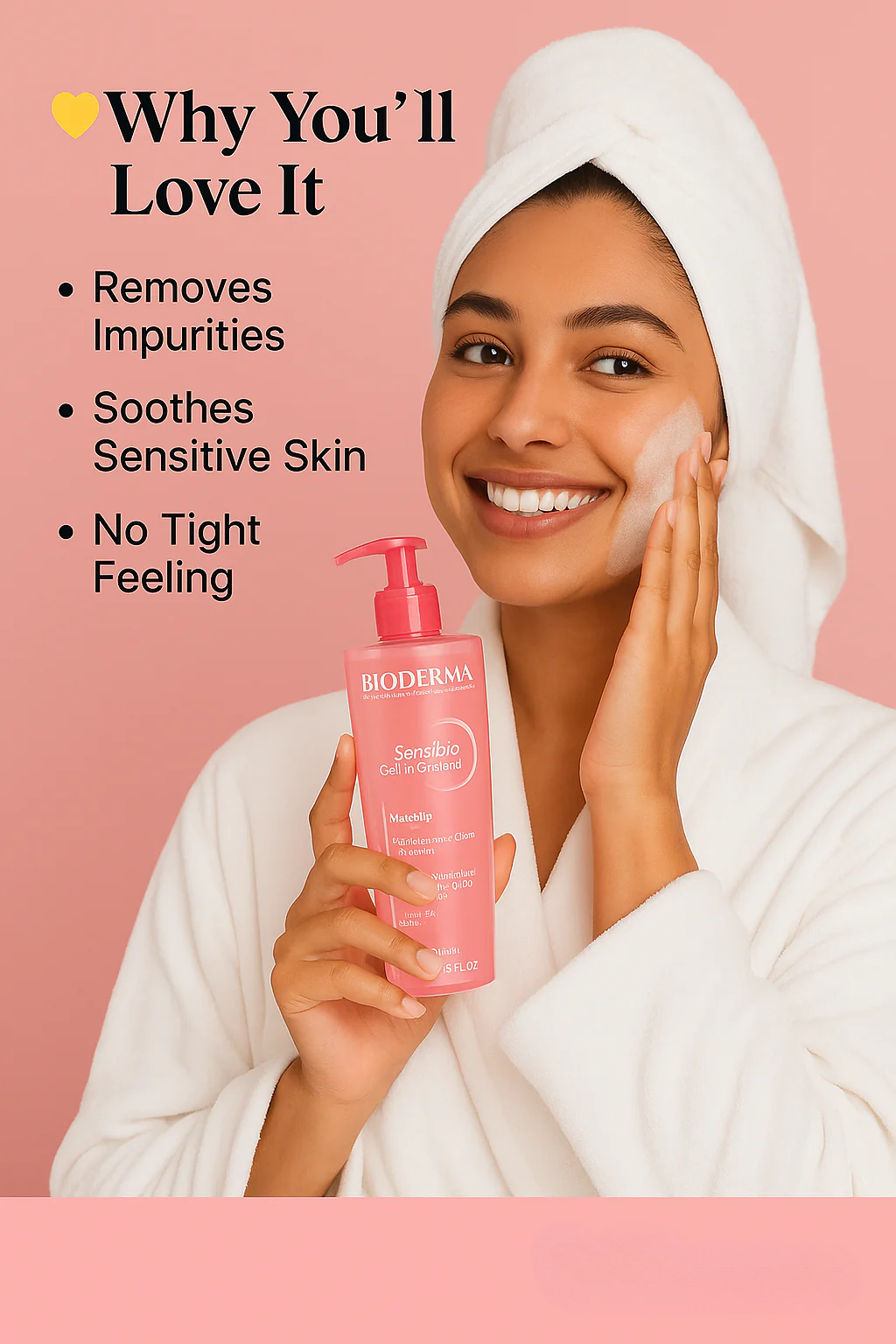 Woman applying skincare product with Bioderma bottle, pink background