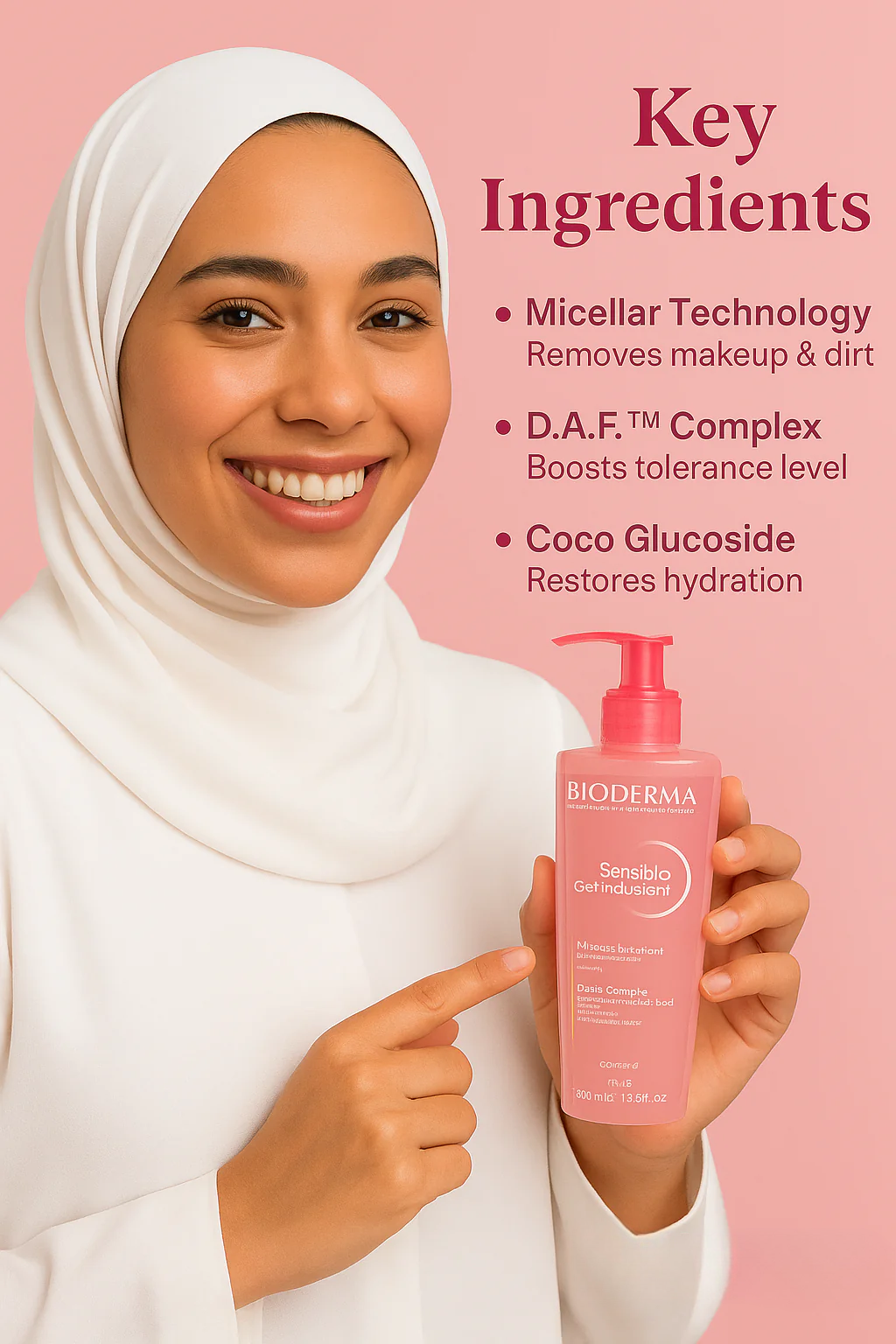 Woman holding a Bioderma product with key ingredients listed on a pink background