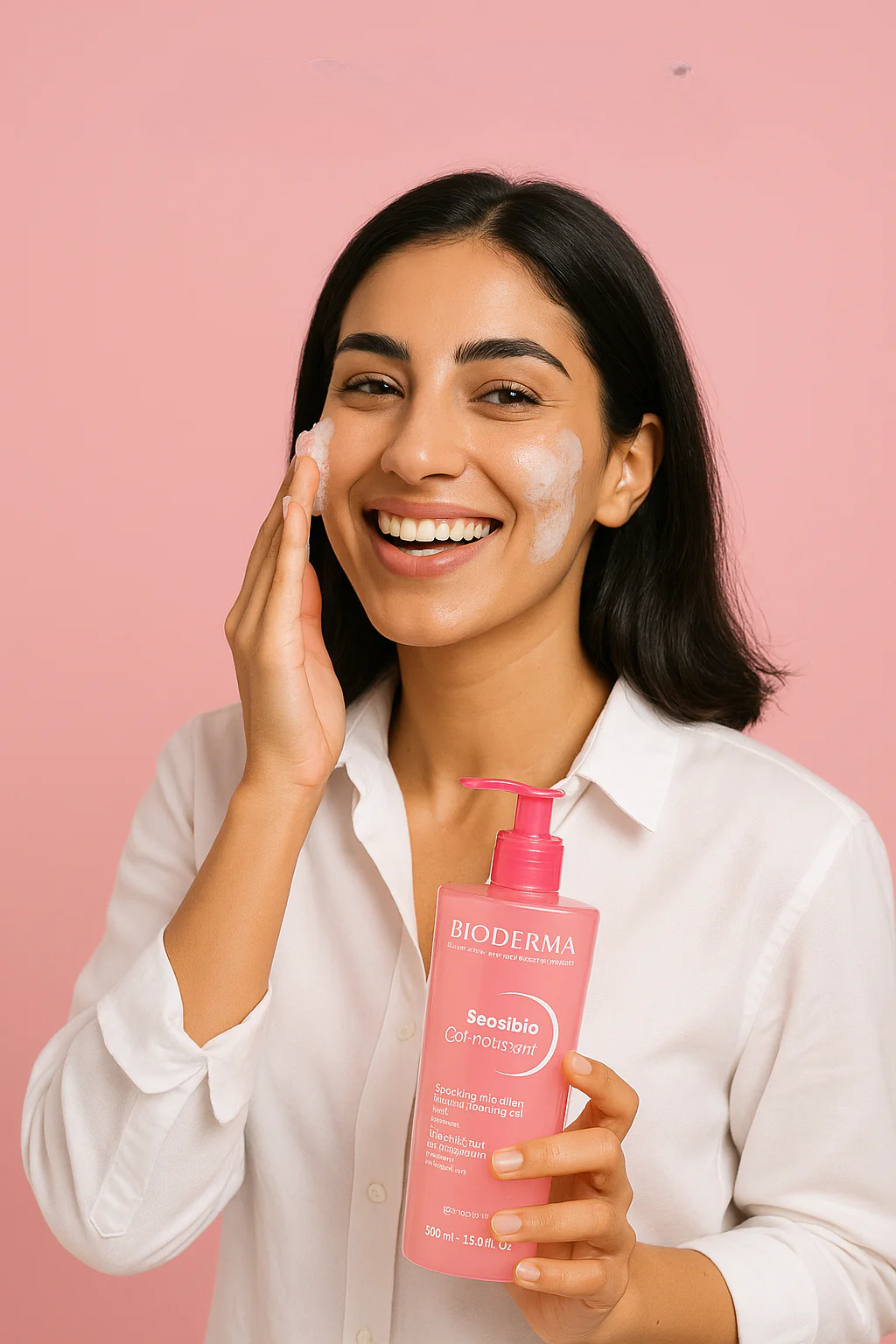 Woman applying cream to her face with a Bioderma bottle against a pink background