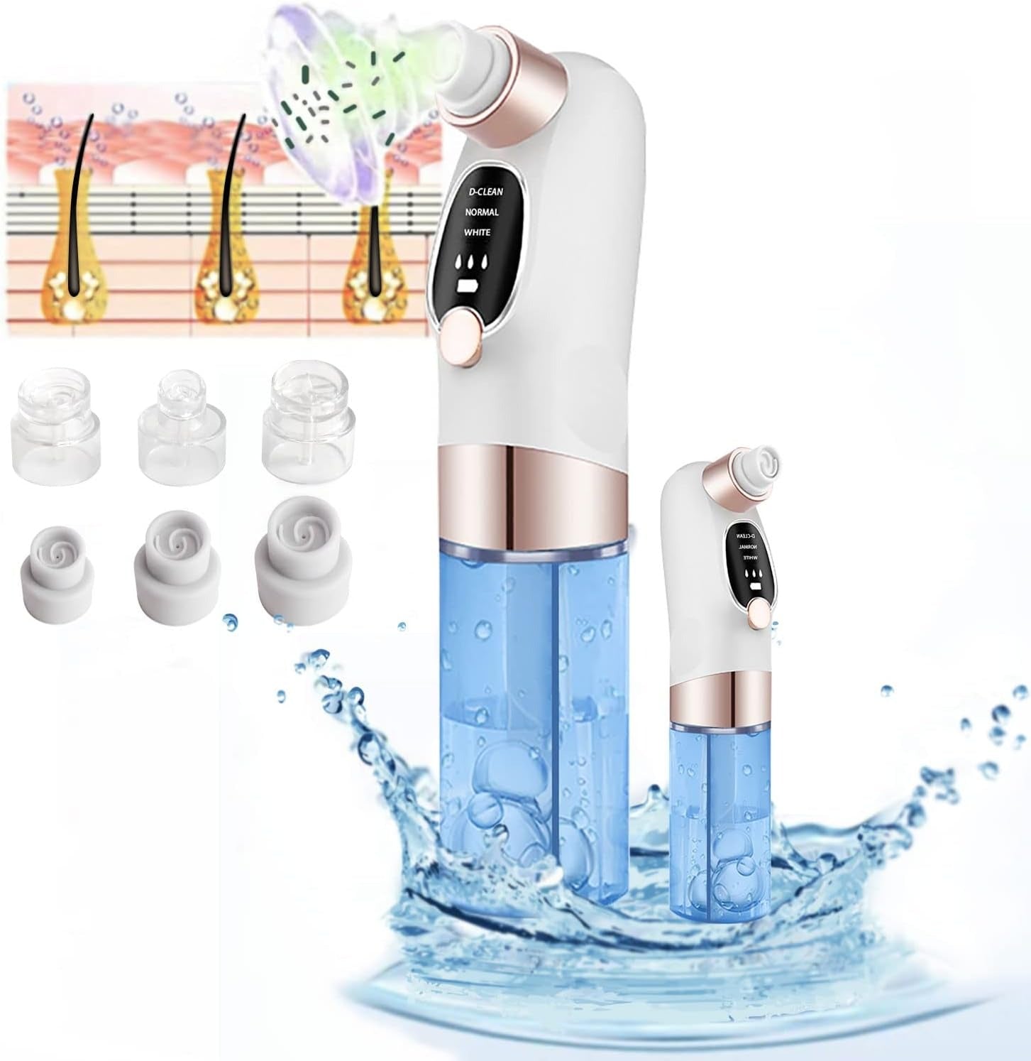 Portable blackhead removal device with water splashes on a white background