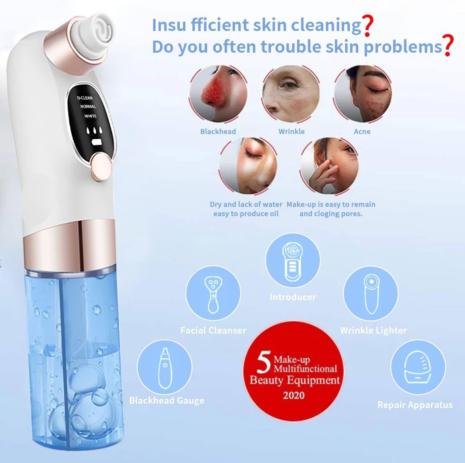 blackhead removal device with text about skin problems and features on a light blue 