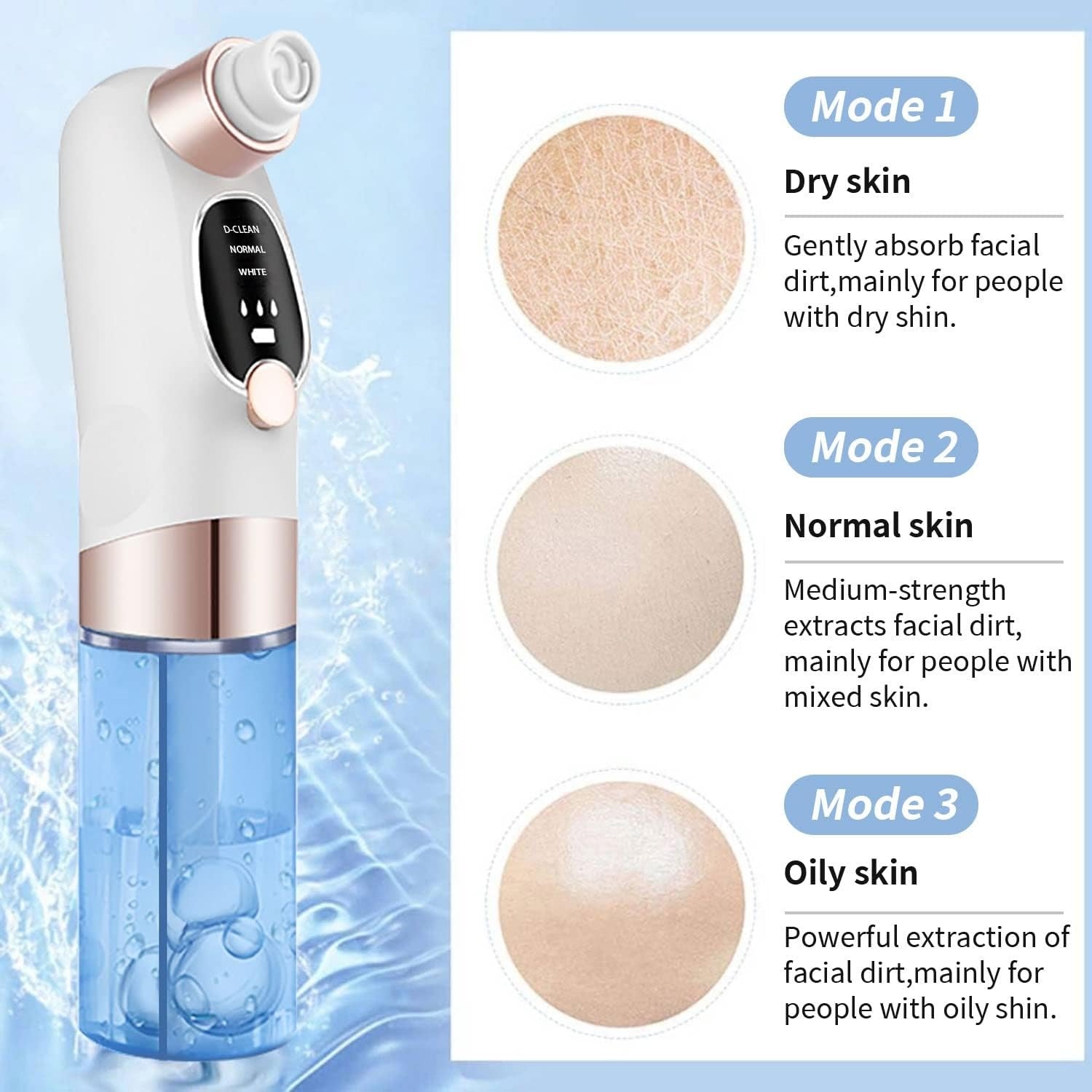 blackhead removal device with mode descriptions for dry, normal, and oily skin on a light blue background.