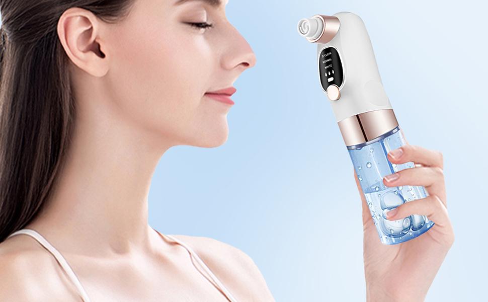 Girl holding a blackhead removal  device with a clear liquid on a light blue background