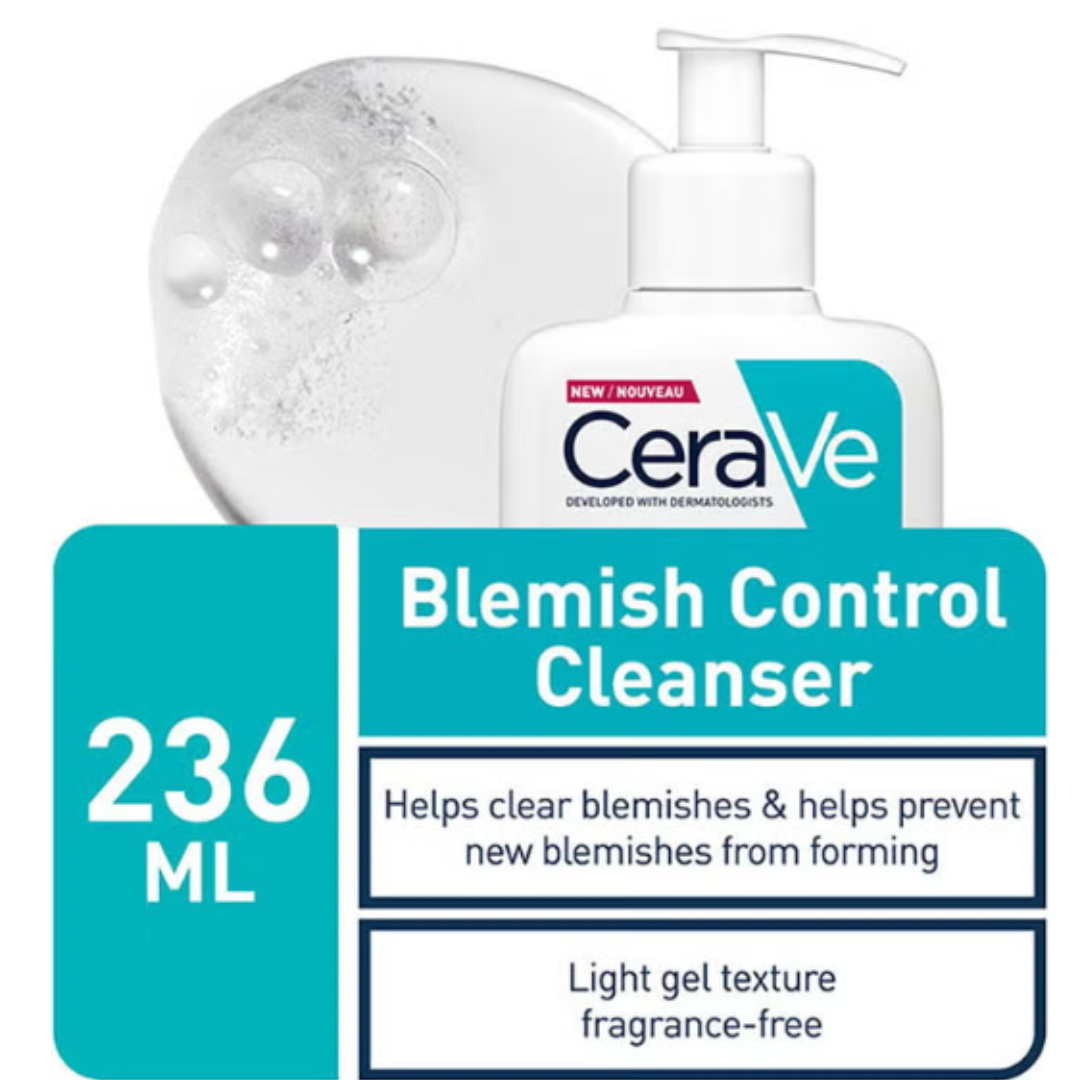CeraVe Blemish Control Cleanser bottle with pump and packaging details on a white background