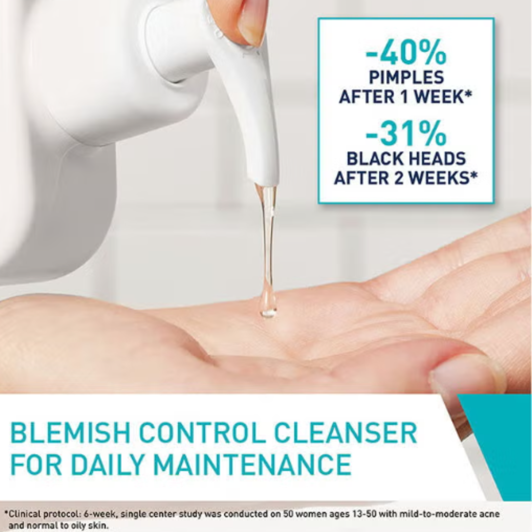 Blemish control cleanser being applied to skin with text showing effectiveness.