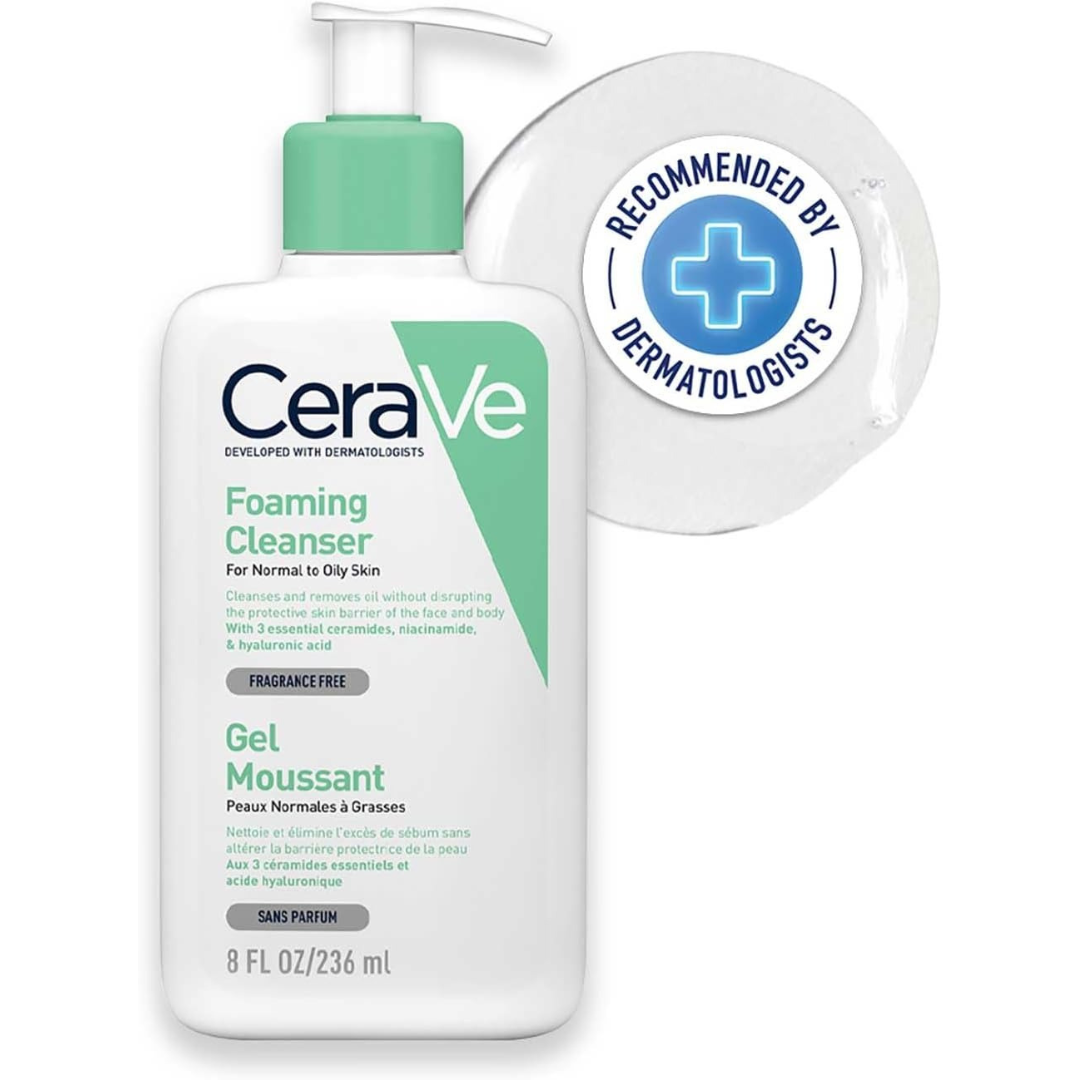 CeraVe Foaming Cleanser bottle with a 'Recommended by Dermatologists' badge on a white background