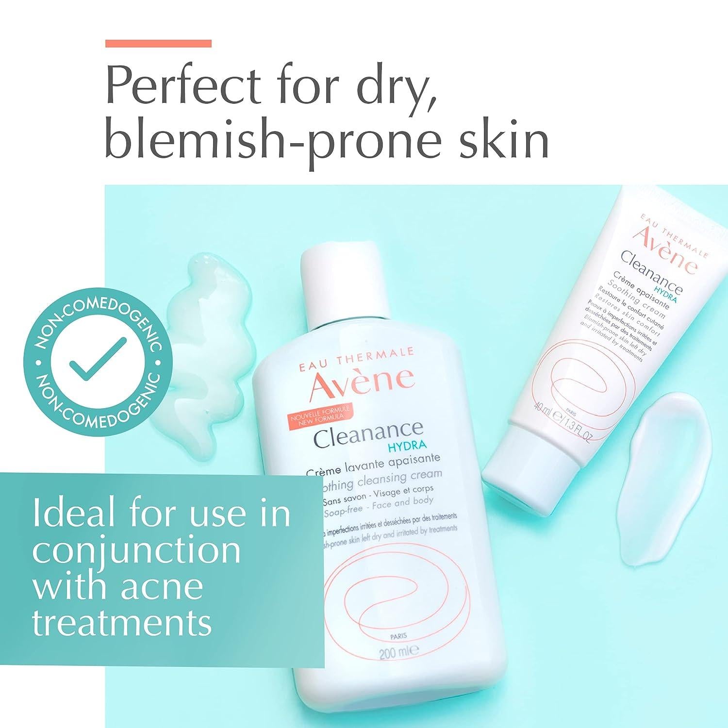 Avene skincare products on a light blue background with text about skin type and use.