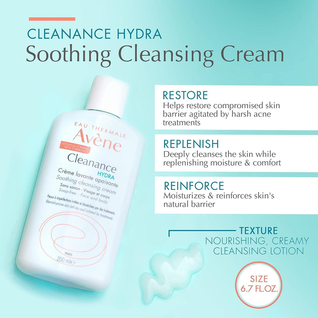 Avene Cleanance Hydra Soothing Cleansing Cream bottle with product details on a light blue background