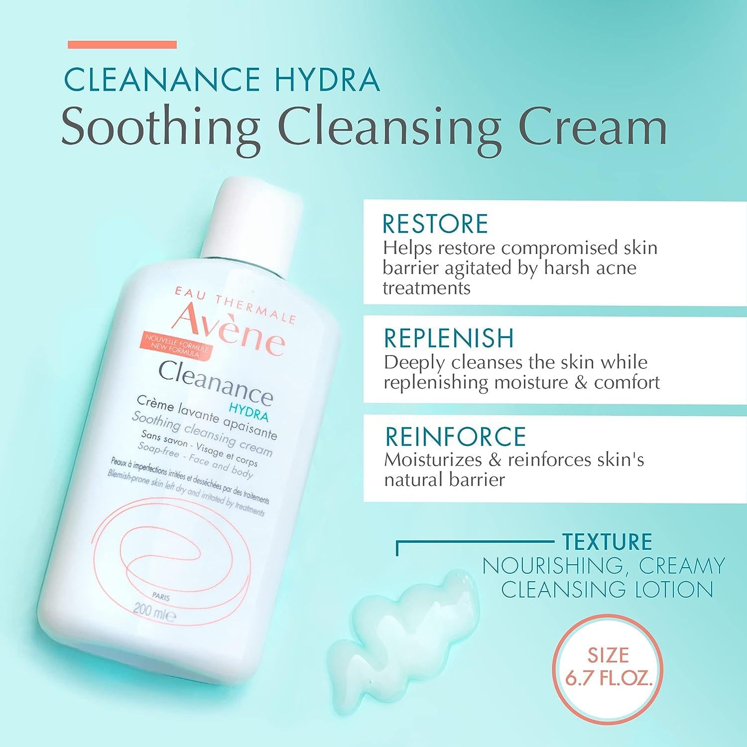Avene Cleanance Hydra Soothing Cleansing Cream bottle with product details on a light blue background