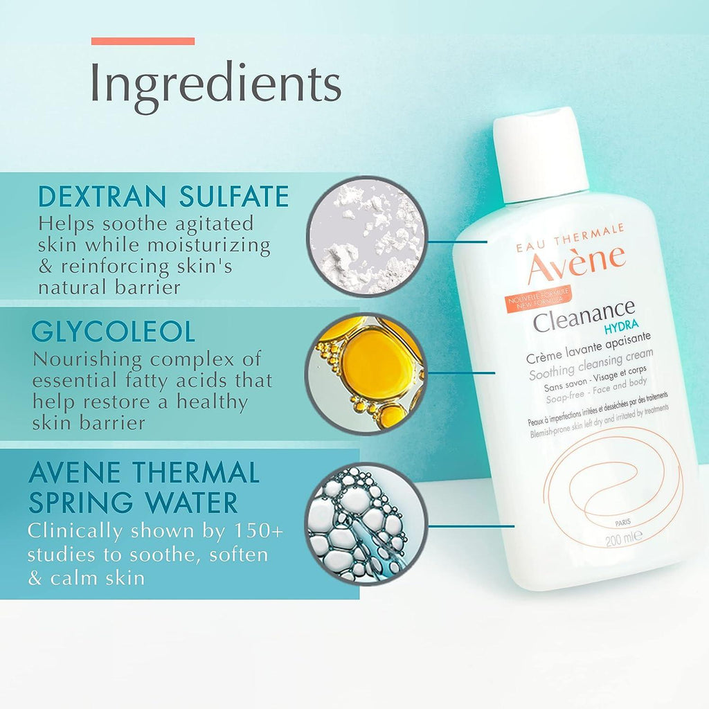 Avene Cleanance Hydra bottle with ingredients listed on a light blue background