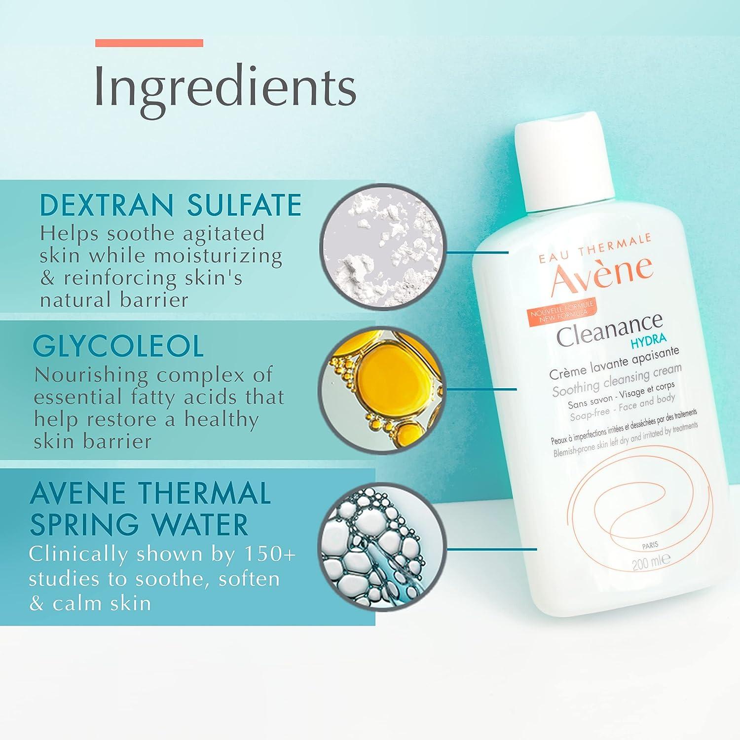 Avene Cleanance Hydra bottle with ingredients listed on a light blue background