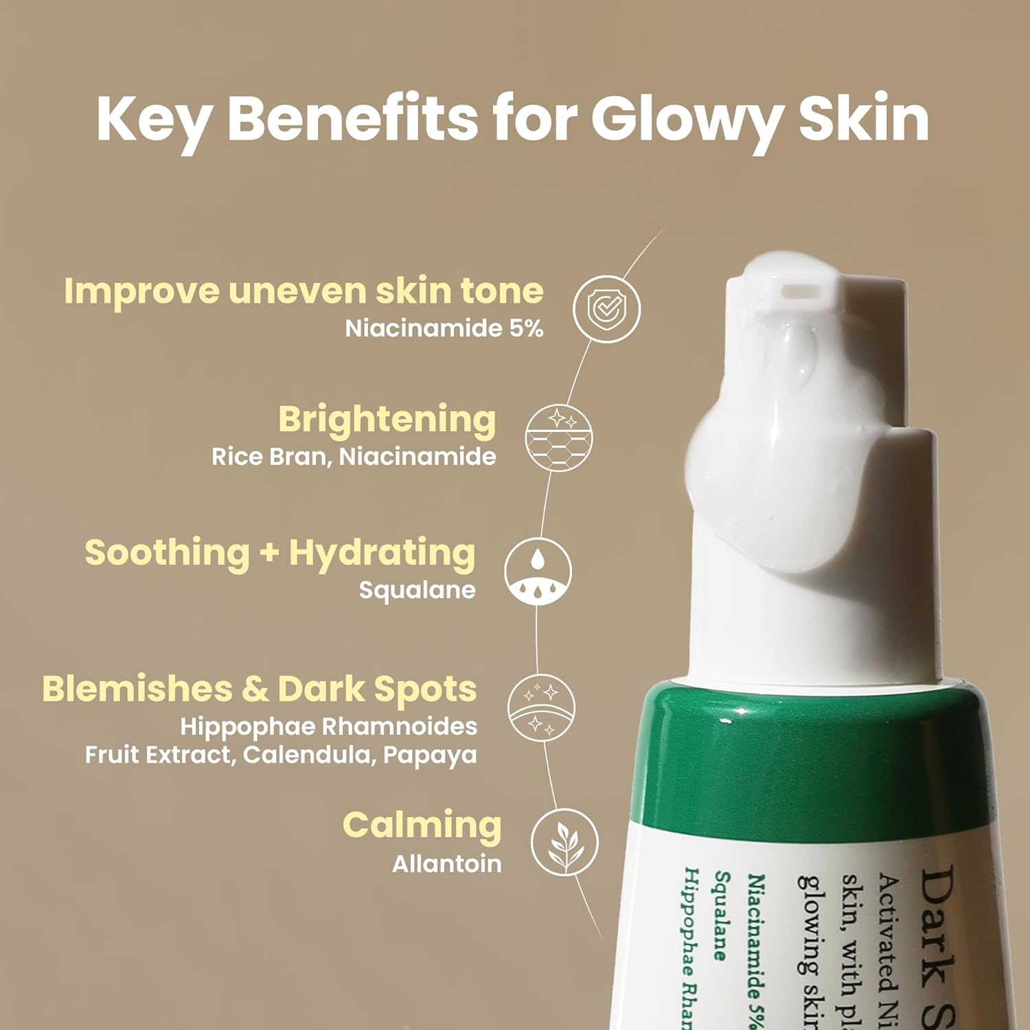 Skincare product with key benefits for glowing skin on a beige background