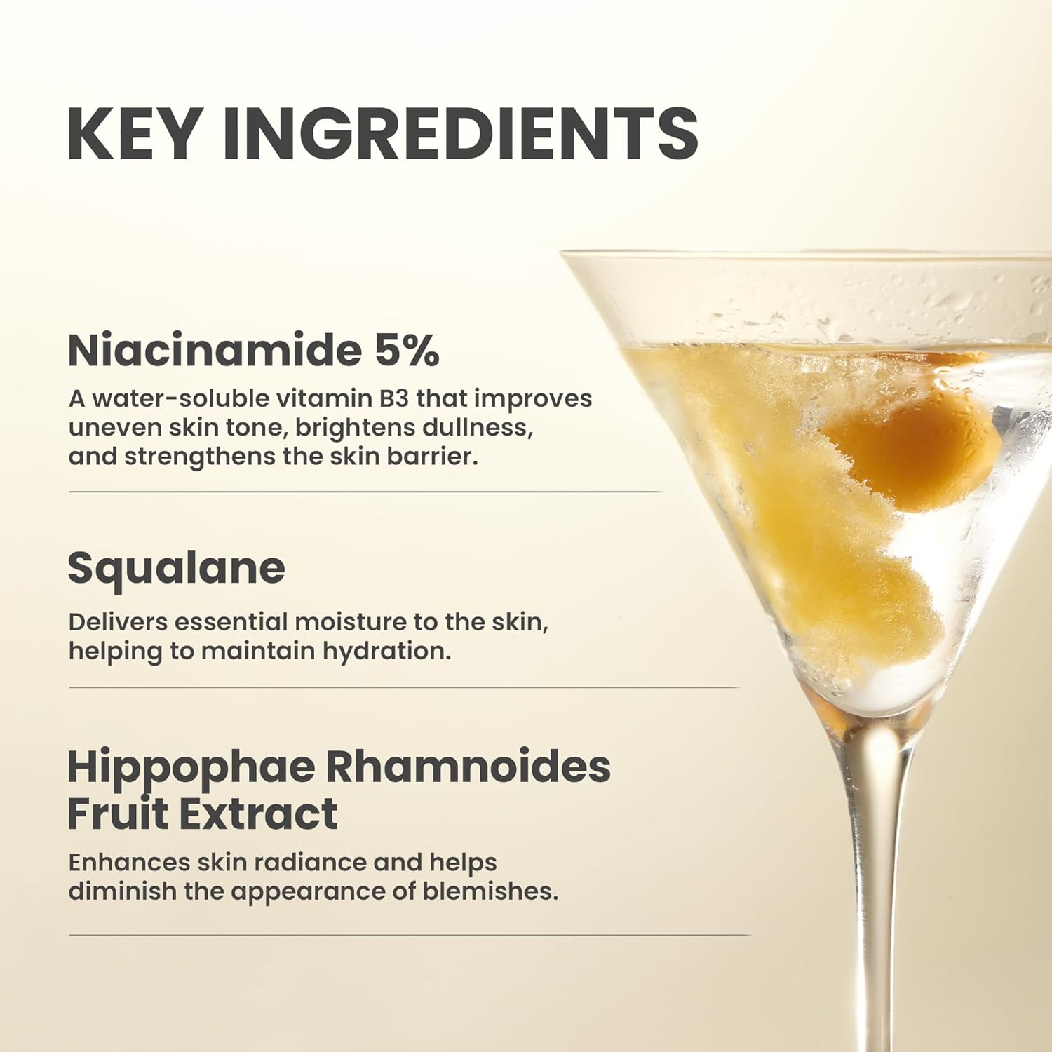 Product key ingredients with a glass of liquid on a light background