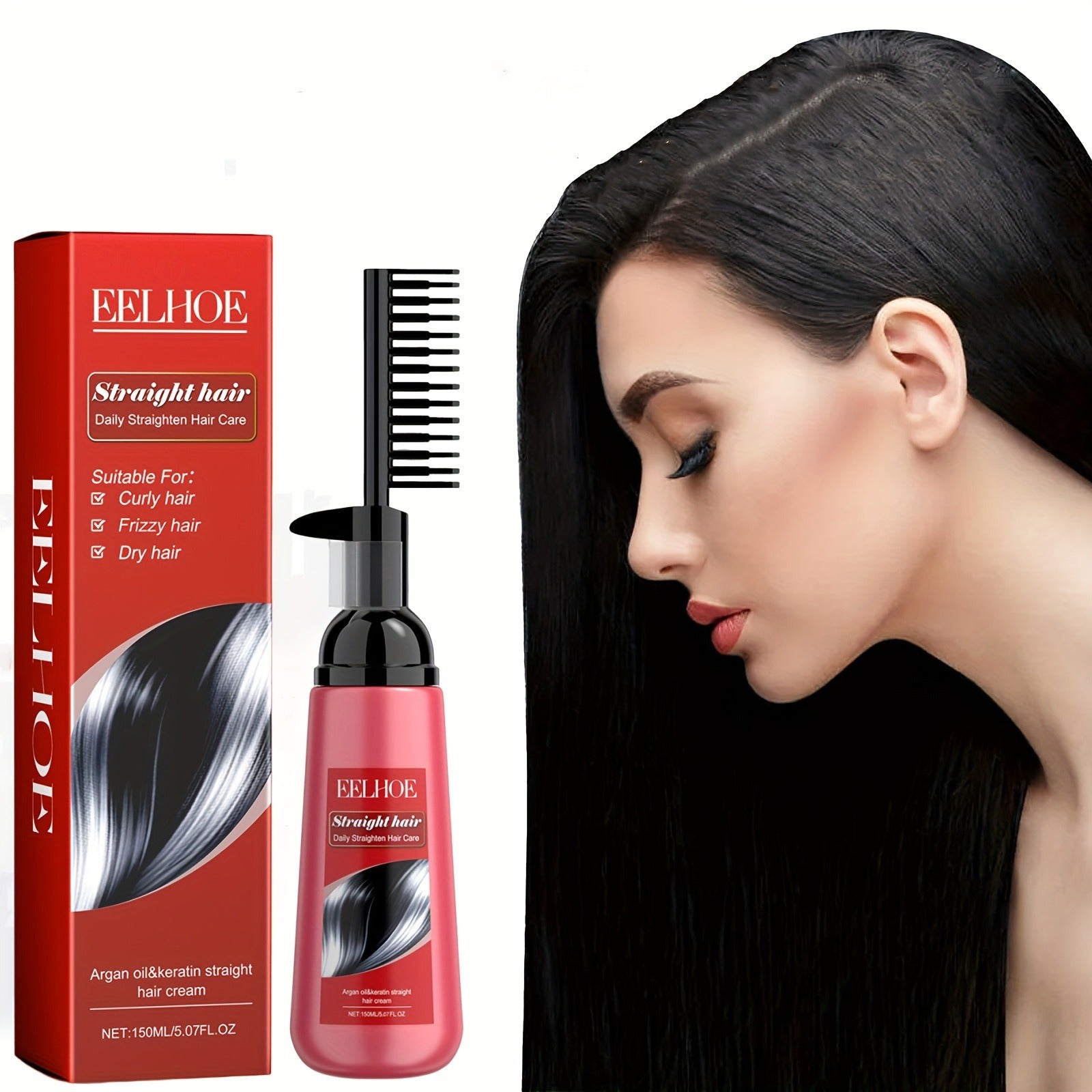 Hair straightening product with packaging and a model with straight hair.