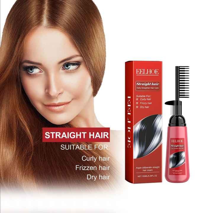 Woman with straight hair next to Efelhoe hair product packaging on a white background