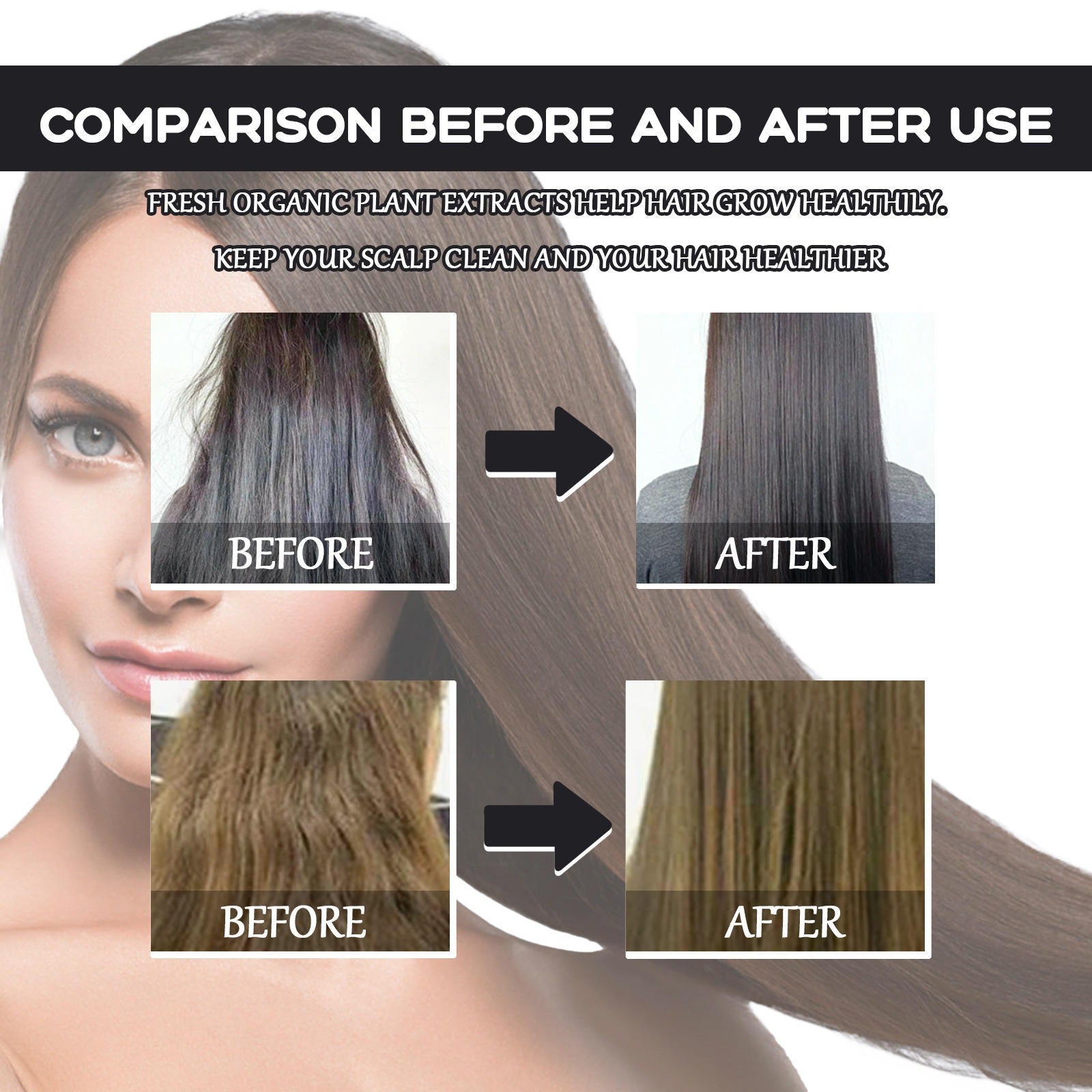Before and after hair comparison with fresh organic plant extracts for healthier hair.