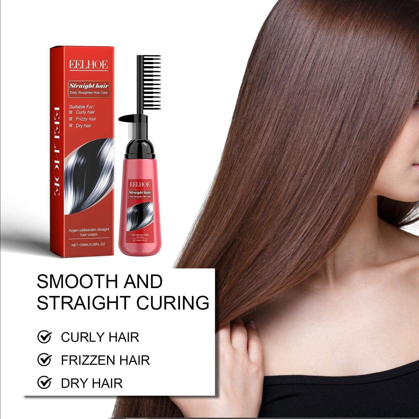 Hair straightening product with packaging and a woman with straight hair on a white background