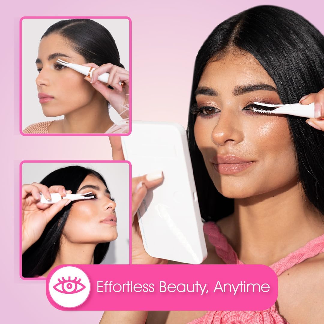 Woman using a beauty tool with 'Effortless Beauty, Anytime' text on a pink background