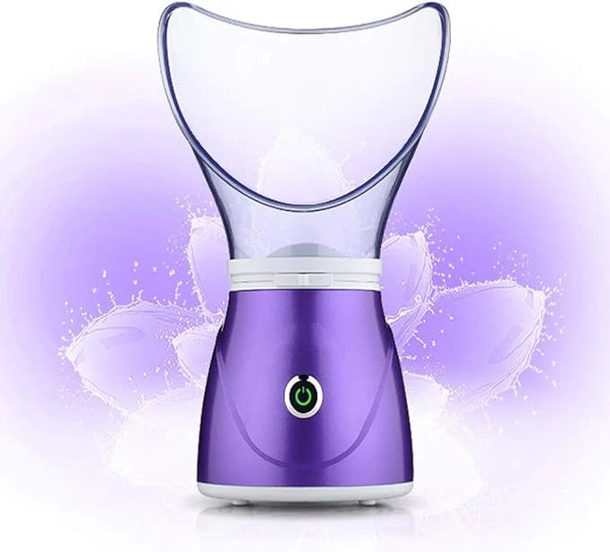 Purple facial steamer with a white base on a light purple background