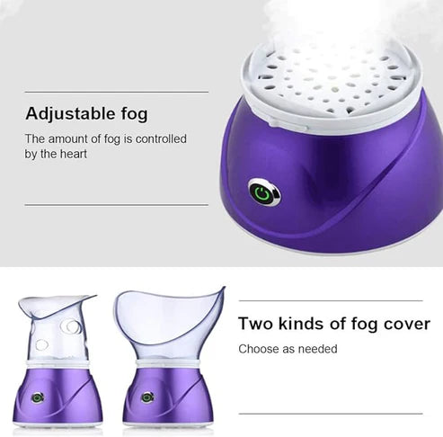 Purple facial steamer with fog control features on a white background