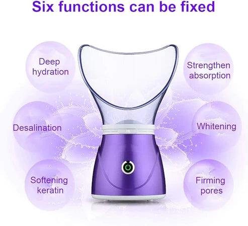 Purple facial steamer with text indicating six functions on a white background