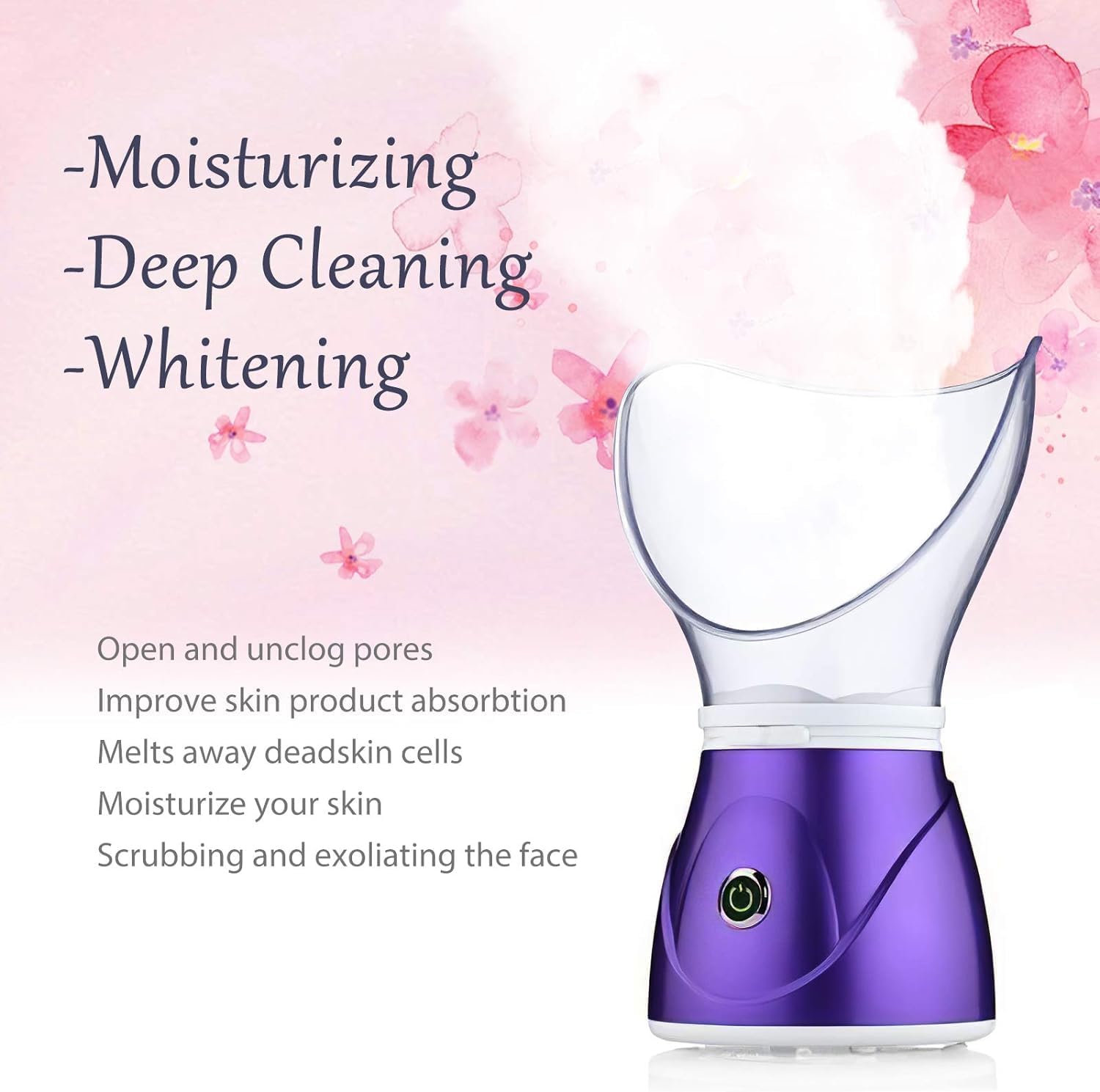 Purple facial cleansing device with text on a pink floral background