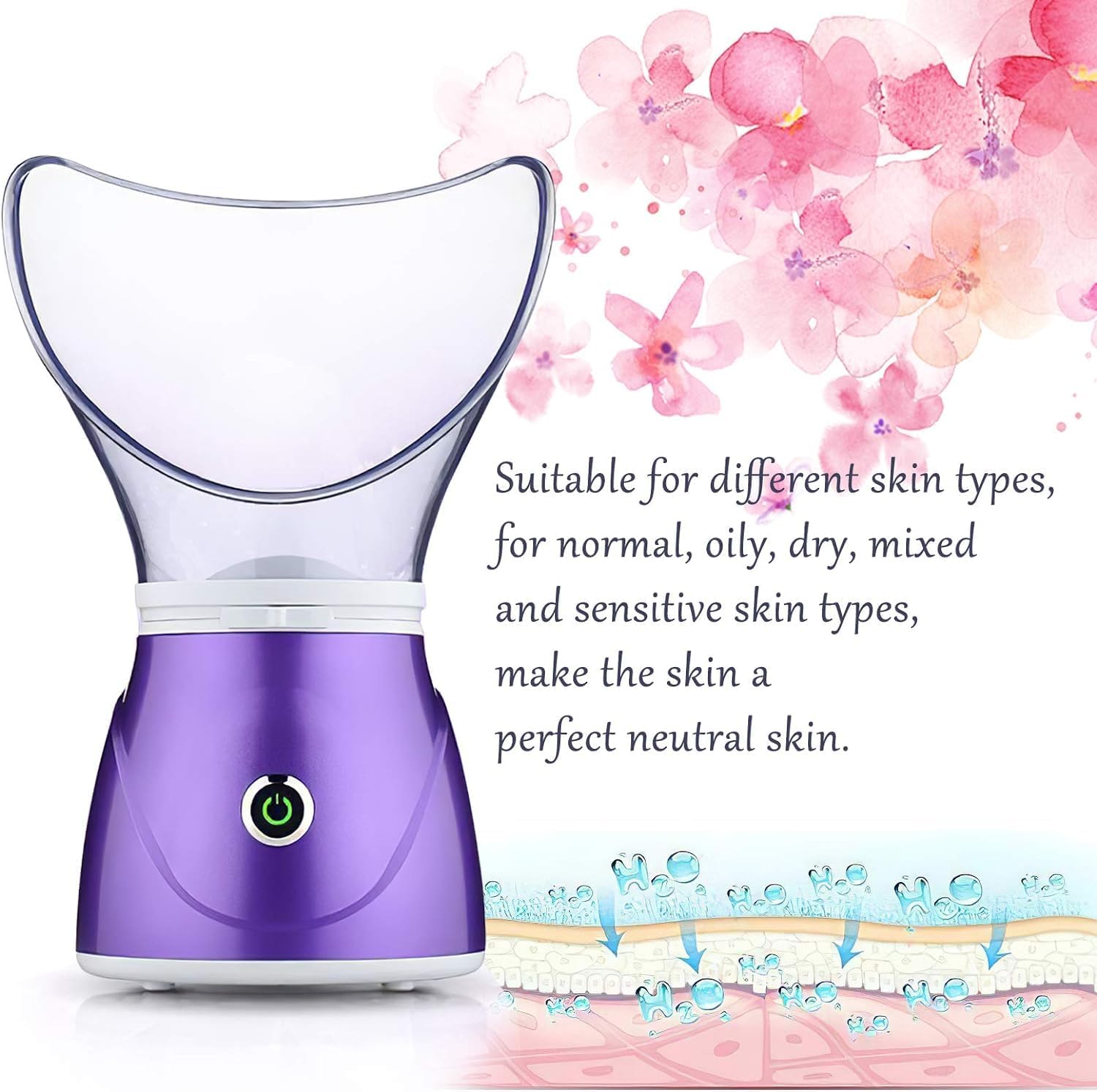 Purple facial steamer with floral and skin care benefits text on a white background