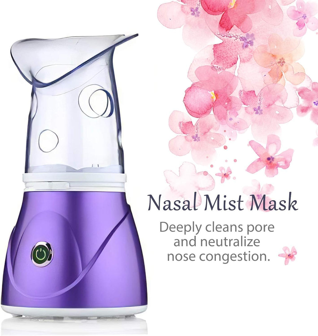 Purple nasal mist mask with floral design on a white background