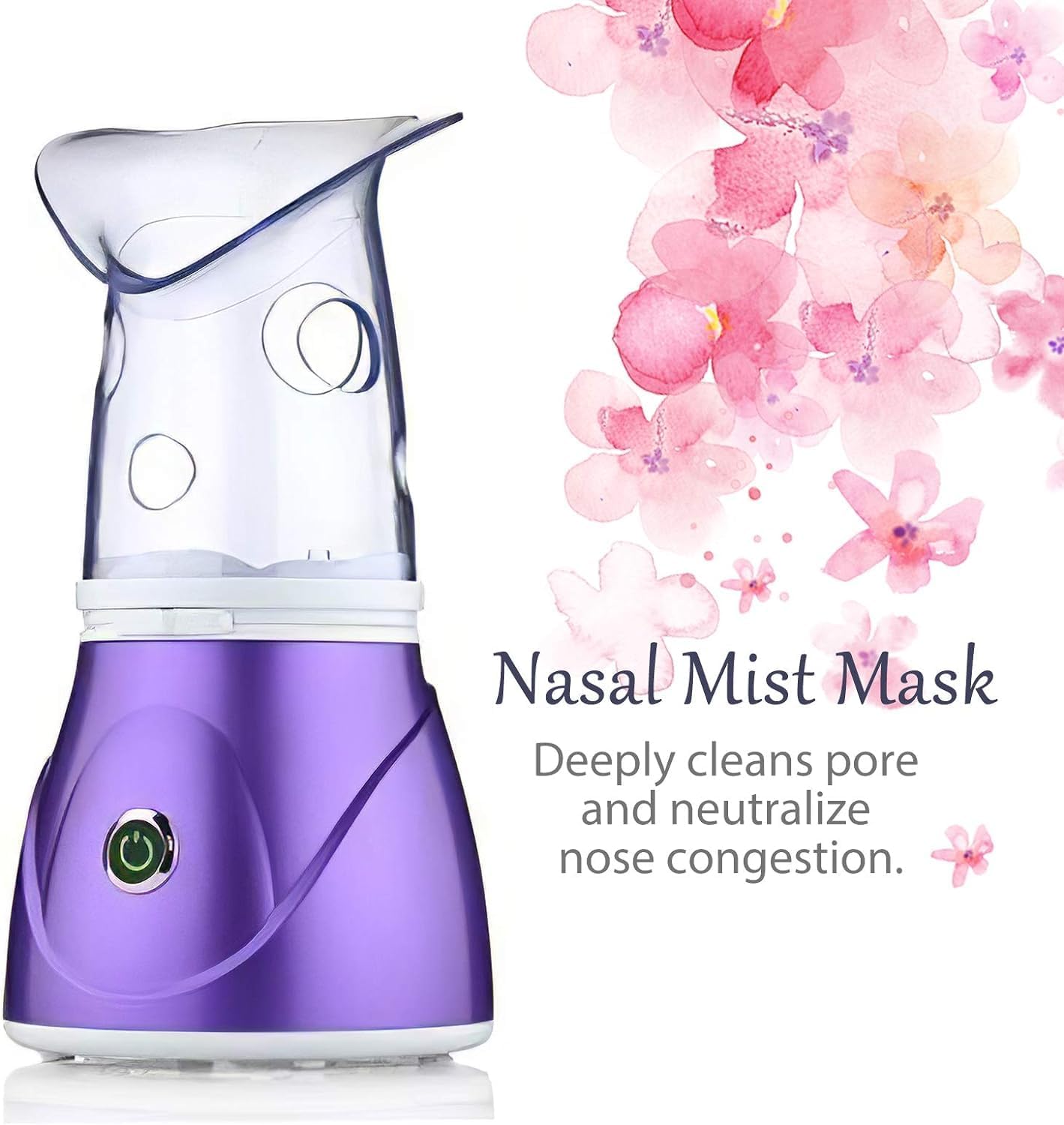 Purple nasal mist mask with floral design on a white background