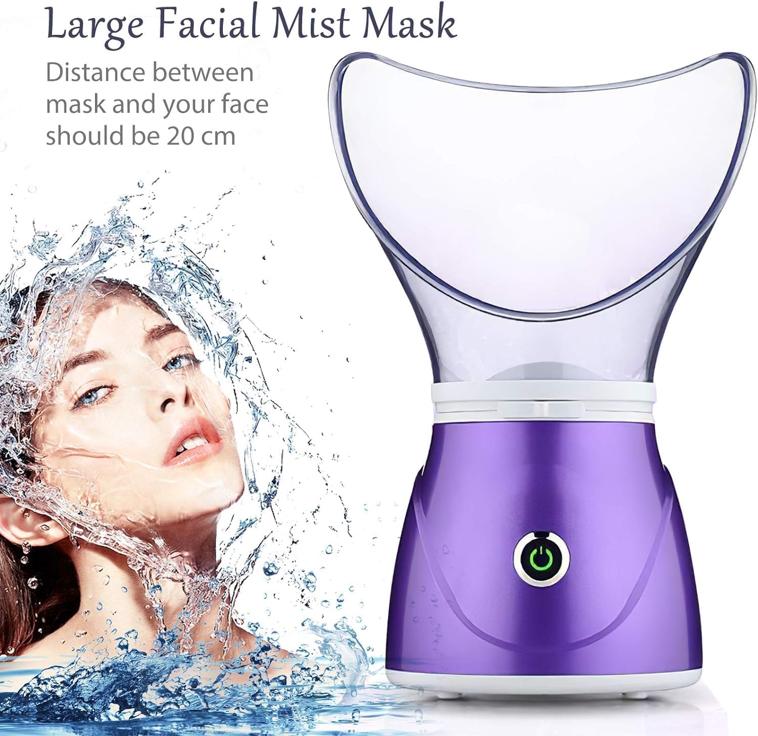 Facial mist mask with a woman receiving a facial mist, on a white background.
