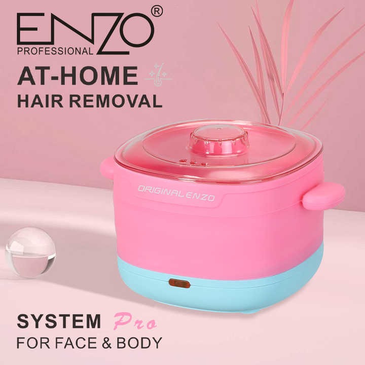 Pink and blue hair removal device with 'ENZO' branding on a pink background