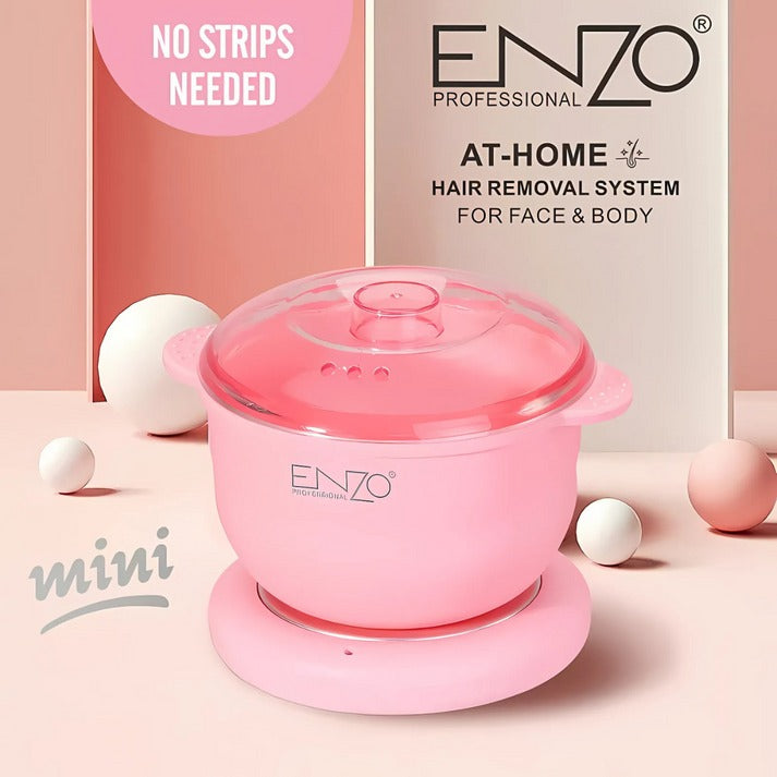 Pink hair removal device with ENZO branding on a light pink background