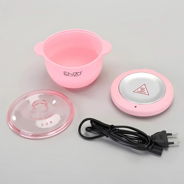Pink kitchen appliance set with bowl, lid, and power cord on a gray background