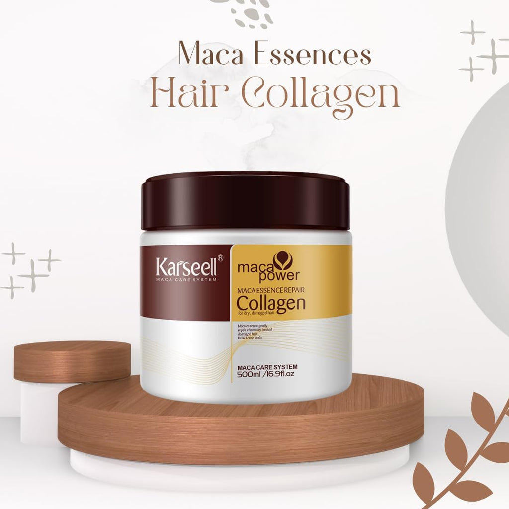 Karseell Maca Essences Hair Collagen product on a wooden stand with a white background