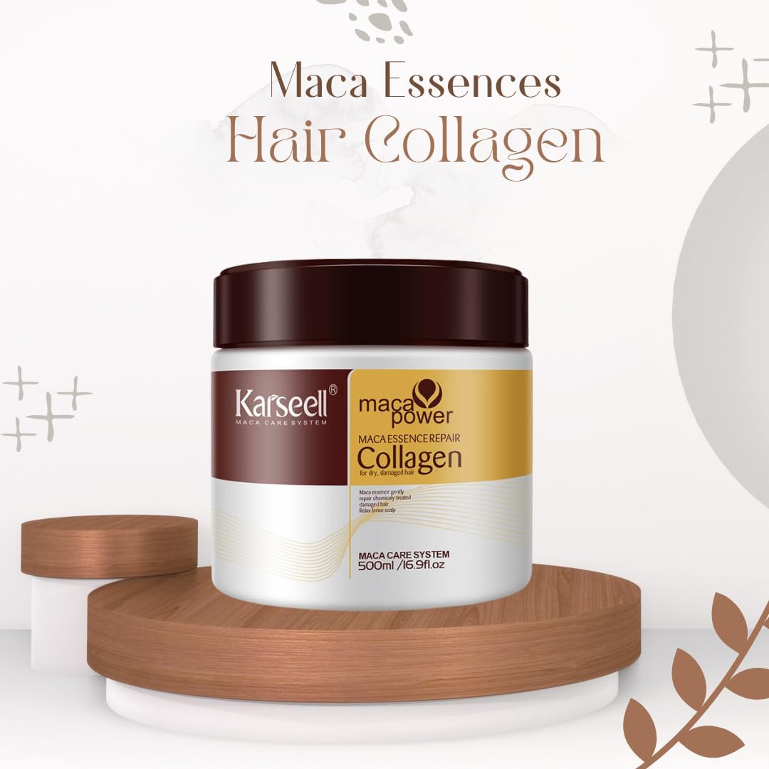 Karseell Maca Essences Hair Collagen product on a wooden stand with a white background